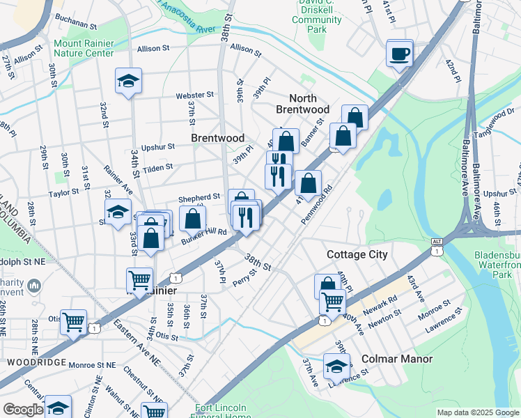 map of restaurants, bars, coffee shops, grocery stores, and more near 101 Independence Avenue Southeast in Washington