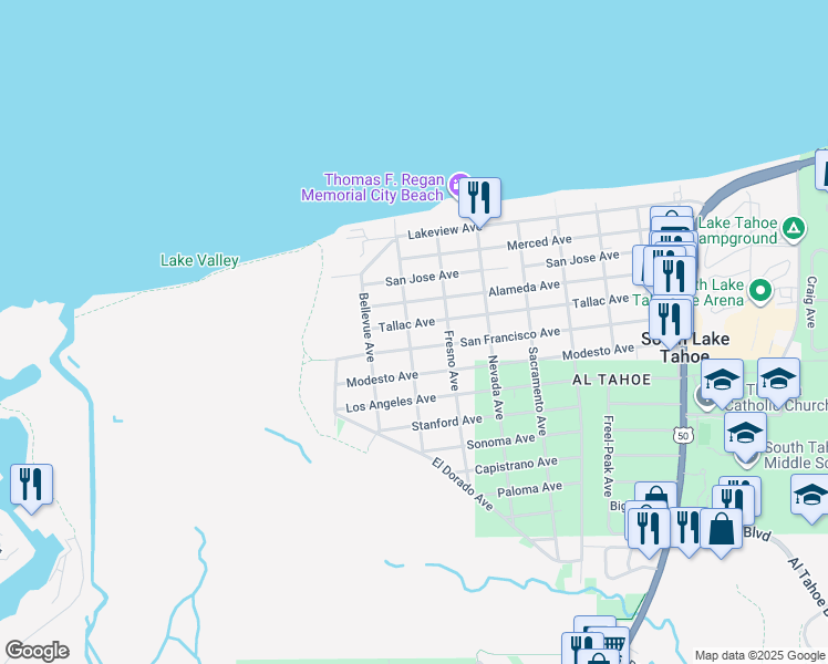 map of restaurants, bars, coffee shops, grocery stores, and more near 3087 Berkeley Avenue in South Lake Tahoe