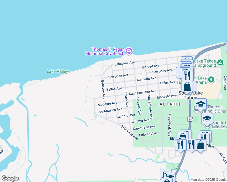 map of restaurants, bars, coffee shops, grocery stores, and more near 3087 Berkeley Avenue in South Lake Tahoe