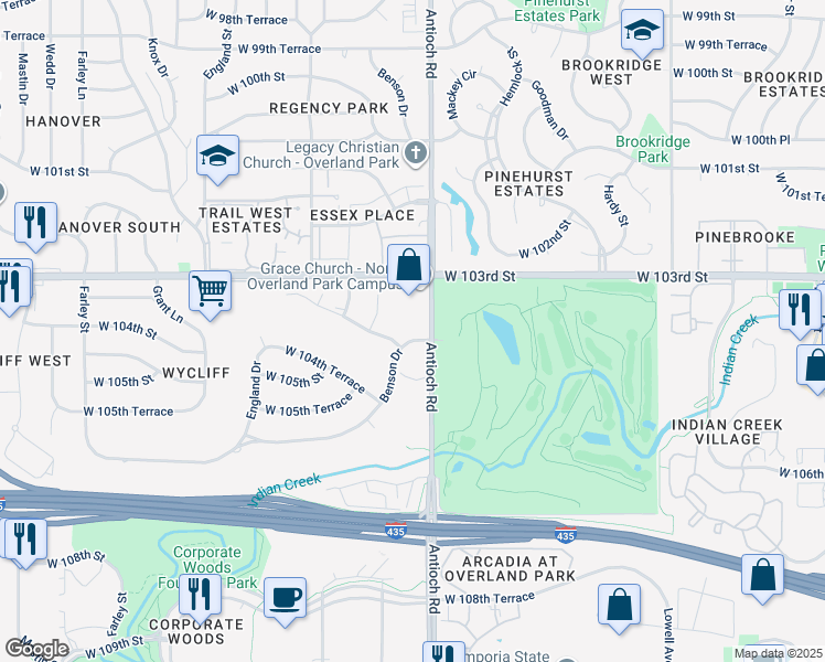 map of restaurants, bars, coffee shops, grocery stores, and more near 8708 West 104th Street in Overland Park