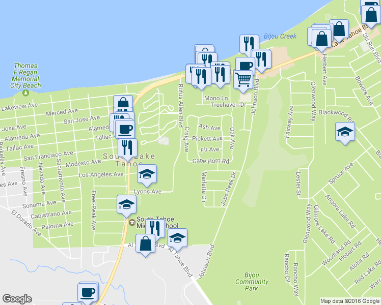 map of restaurants, bars, coffee shops, grocery stores, and more near 1139 Craig Avenue in South Lake Tahoe