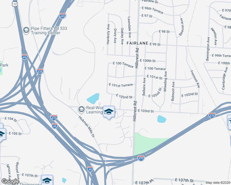 map of restaurants, bars, coffee shops, grocery stores, and more near 10201 Drury Avenue in Kansas City