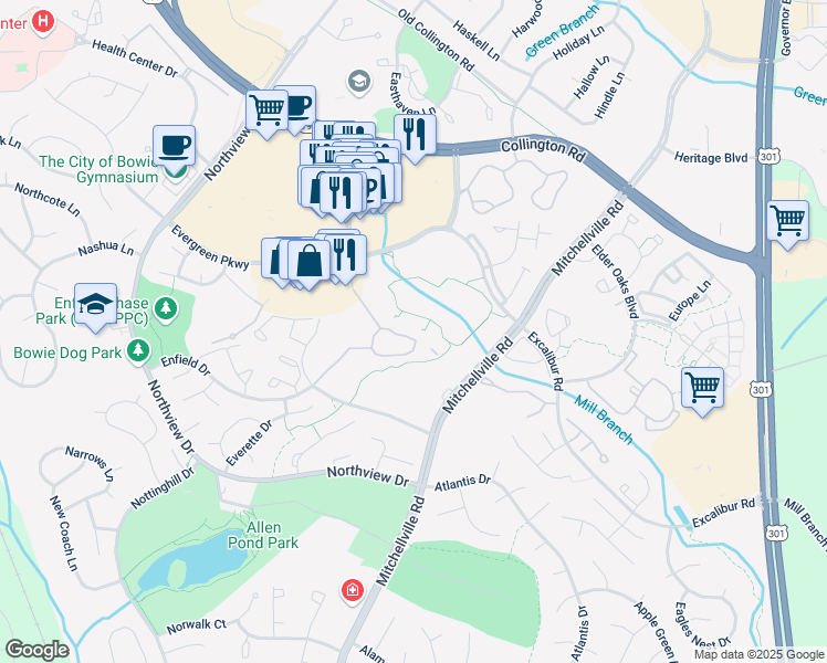 map of restaurants, bars, coffee shops, grocery stores, and more near 15616 Everglade Lane in Bowie