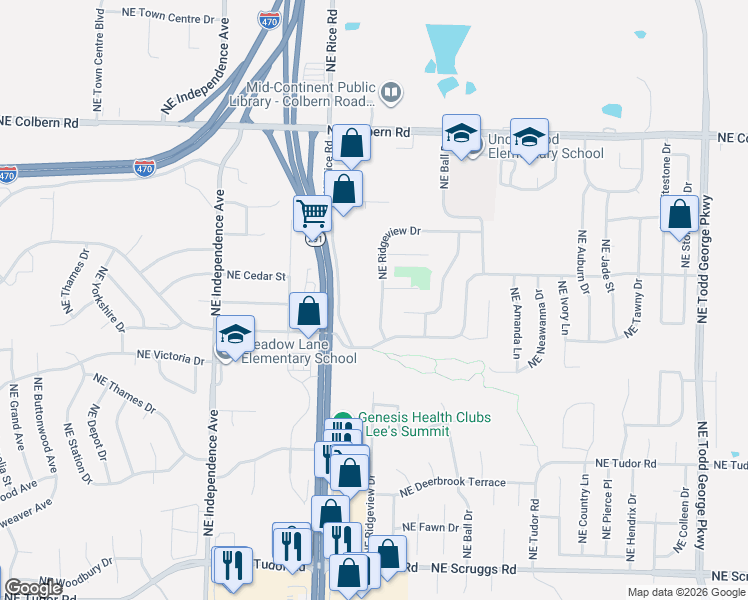 map of restaurants, bars, coffee shops, grocery stores, and more near 1612 Northeast Ridgeview Drive in Lee's Summit