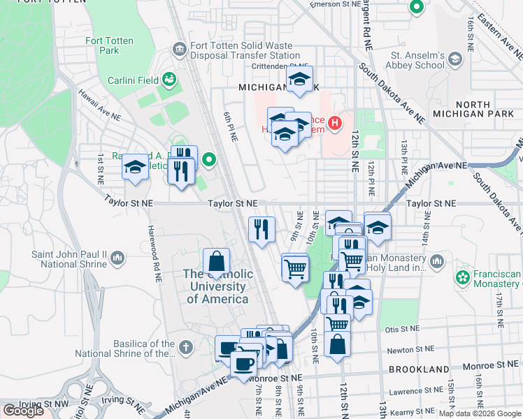 map of restaurants, bars, coffee shops, grocery stores, and more near 4044 7th Street Northeast in Washington