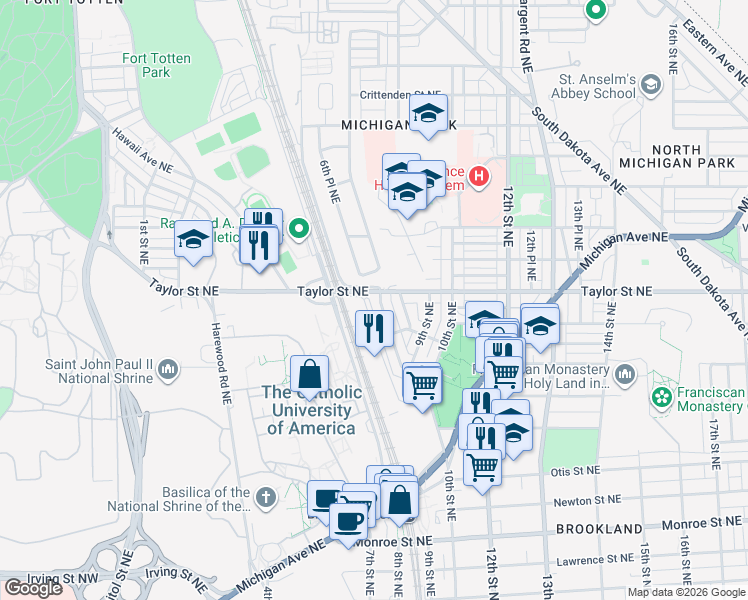 map of restaurants, bars, coffee shops, grocery stores, and more near 4044 7th Street Northeast in Washington