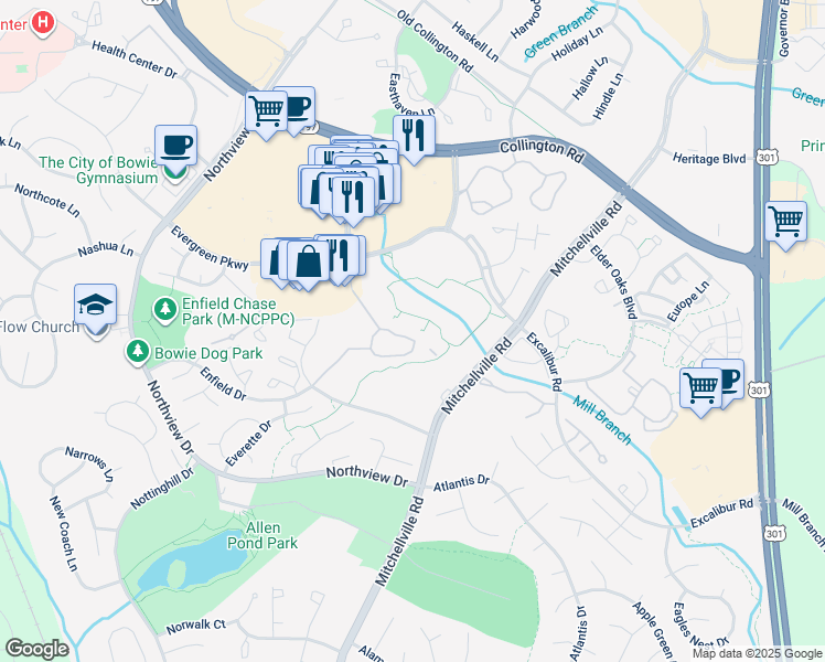 map of restaurants, bars, coffee shops, grocery stores, and more near 15616 Everglade Lane in Bowie