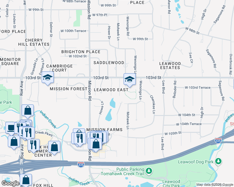 map of restaurants, bars, coffee shops, grocery stores, and more near 10325 Mohawk Road in Leawood