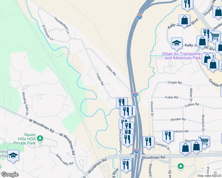 map of restaurants, bars, coffee shops, grocery stores, and more near 7501 Tudor Road in Colorado Springs