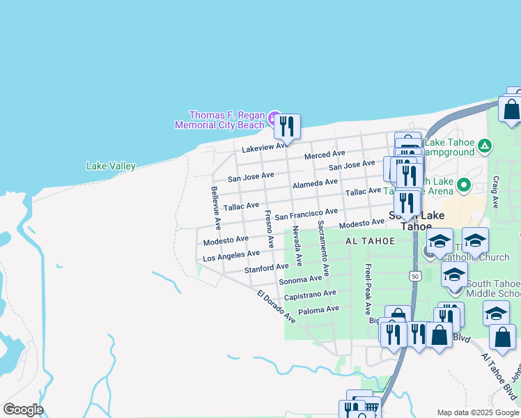 map of restaurants, bars, coffee shops, grocery stores, and more near 772 Tallac Avenue in South Lake Tahoe
