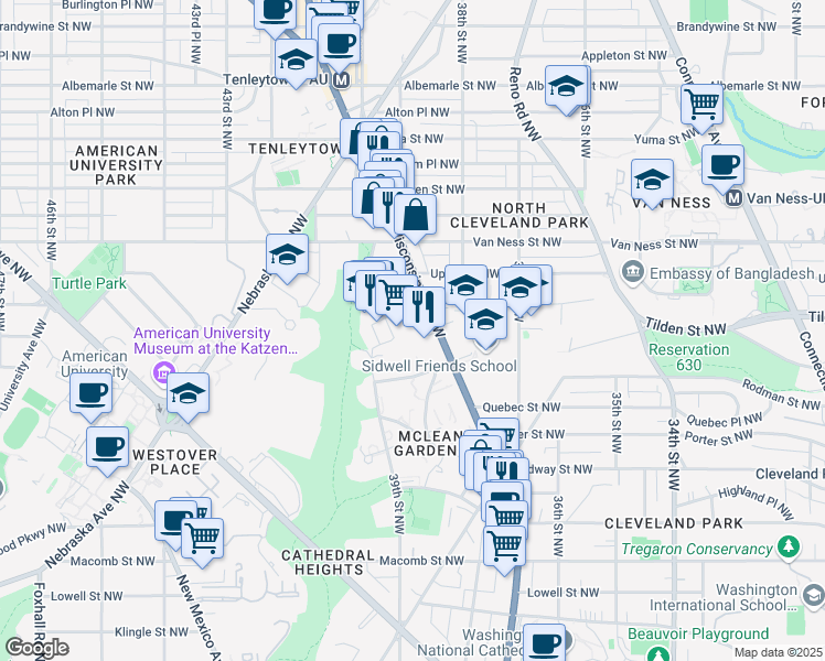 map of restaurants, bars, coffee shops, grocery stores, and more near 3900 Wisconsin Avenue Northwest in Washington