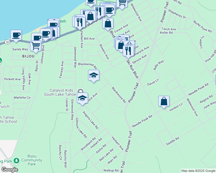 map of restaurants, bars, coffee shops, grocery stores, and more near 1291 Heather Lake Road in South Lake Tahoe