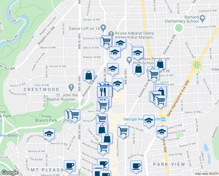 map of restaurants, bars, coffee shops, grocery stores, and more near 1378 Taylor Street Northwest in Washington