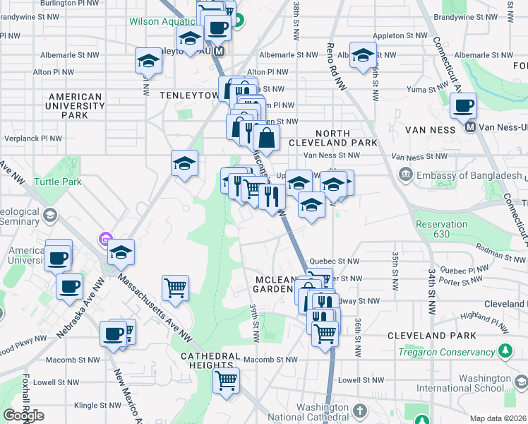 map of restaurants, bars, coffee shops, grocery stores, and more near 3950 Wisconsin Avenue in Washington