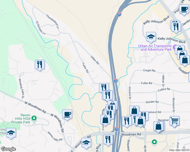 map of restaurants, bars, coffee shops, grocery stores, and more near 7501 Tudor Road in Colorado Springs