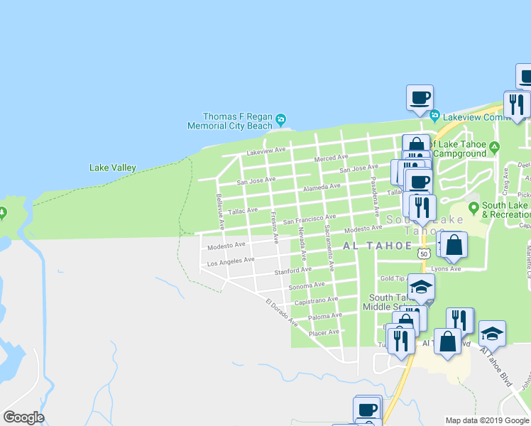 map of restaurants, bars, coffee shops, grocery stores, and more near 777 San Francisco Avenue in South Lake Tahoe