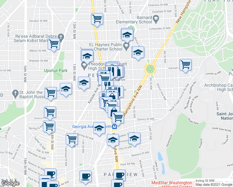 map of restaurants, bars, coffee shops, grocery stores, and more near 801 Shepherd Street Northwest in Washington