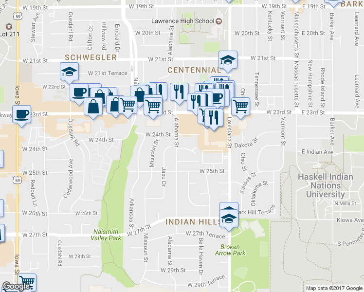 map of restaurants, bars, coffee shops, grocery stores, and more near 2406 Alabama Street in Lawrence