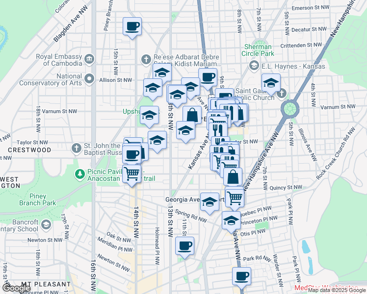 map of restaurants, bars, coffee shops, grocery stores, and more near 1250 Taylor Street Northwest in Washington