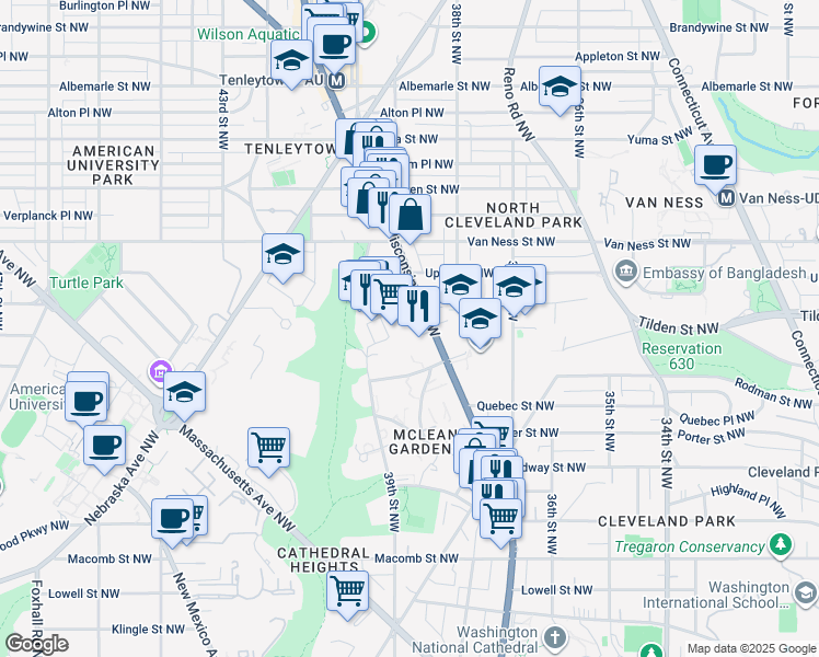 map of restaurants, bars, coffee shops, grocery stores, and more near 3950 Wisconsin Avenue in Washington