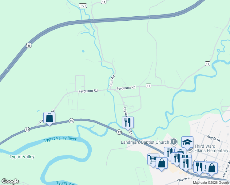 map of restaurants, bars, coffee shops, grocery stores, and more near 211 Crystal Springs Road in Elkins