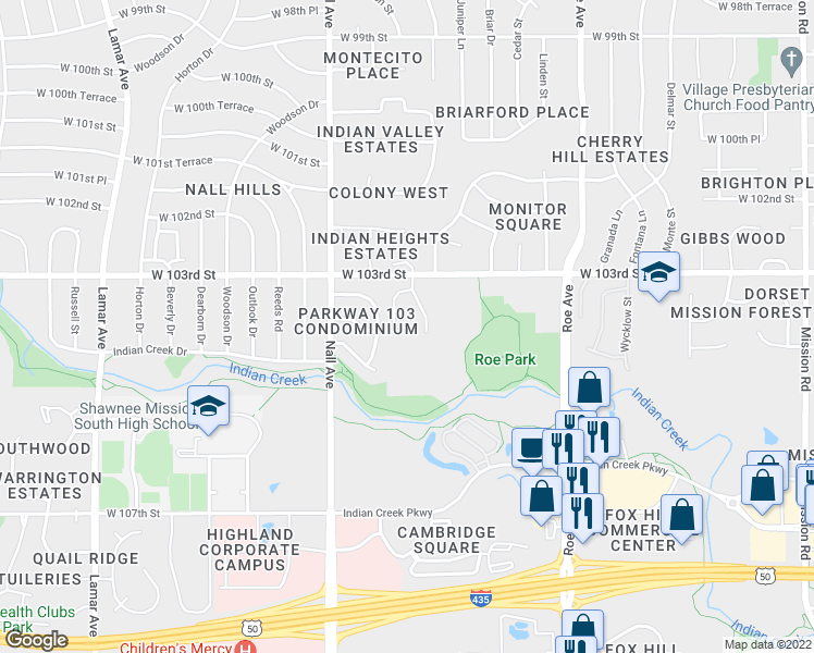 map of restaurants, bars, coffee shops, grocery stores, and more near 5211 West 103rd Street in Overland Park