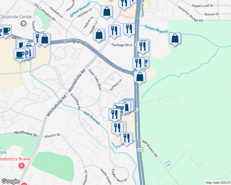 map of restaurants, bars, coffee shops, grocery stores, and more near 16503 Elmcrest Terrace in Bowie