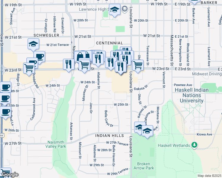 map of restaurants, bars, coffee shops, grocery stores, and more near 2406 Alabama Street in Lawrence