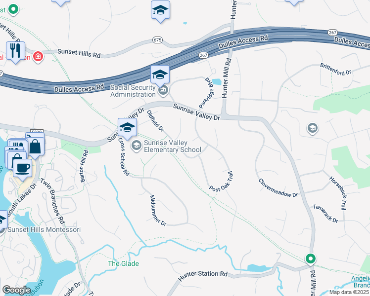 map of restaurants, bars, coffee shops, grocery stores, and more near 10718 Oldfield Drive in Reston