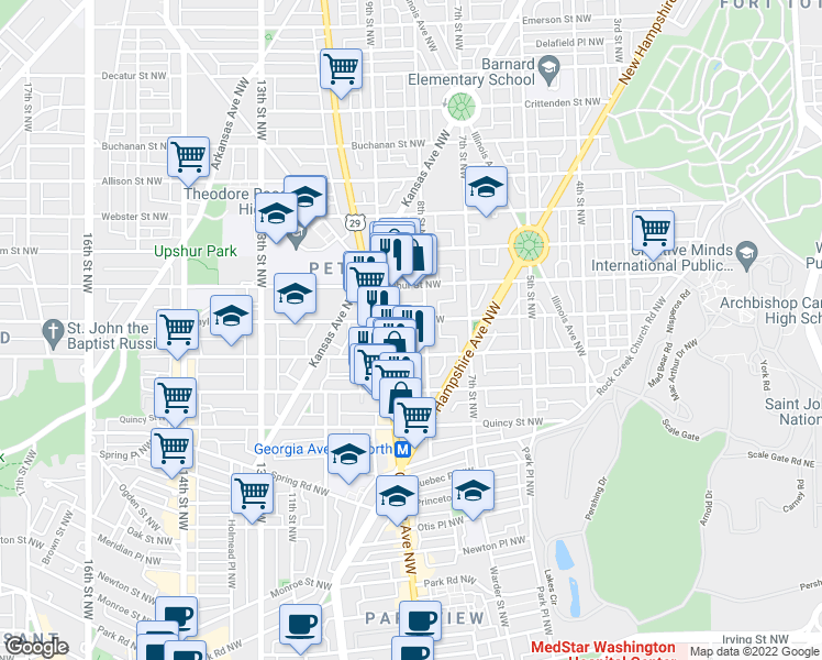 map of restaurants, bars, coffee shops, grocery stores, and more near 804 Taylor Street Northwest in Washington