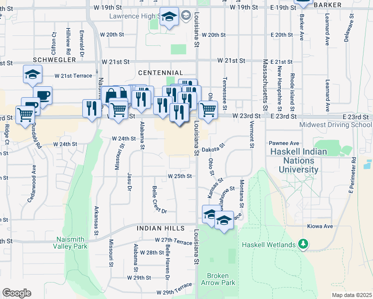 map of restaurants, bars, coffee shops, grocery stores, and more near 2405 Louisiana Street in Lawrence