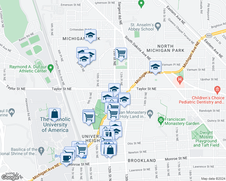 map of restaurants, bars, coffee shops, grocery stores, and more near 4116 12th Street Northeast in Washington