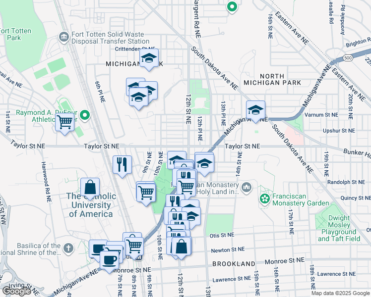 map of restaurants, bars, coffee shops, grocery stores, and more near 4116 12th Street Northeast in Washington