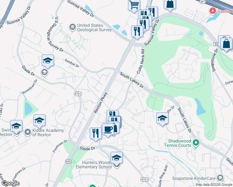 map of restaurants, bars, coffee shops, grocery stores, and more near 12065 Greywing Square in Reston