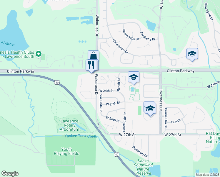 map of restaurants, bars, coffee shops, grocery stores, and more near 4816 West 24th Street in Lawrence
