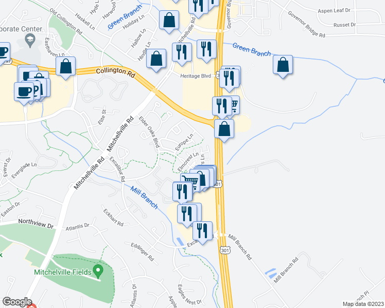 map of restaurants, bars, coffee shops, grocery stores, and more near 16513 Enders Lane in Bowie