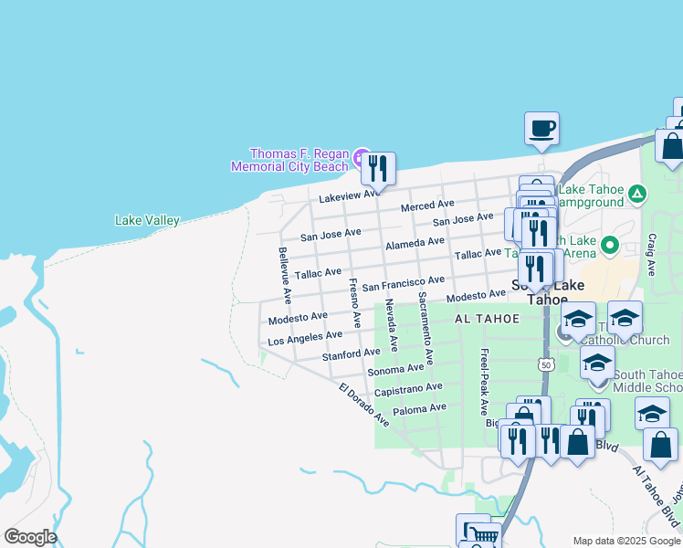 map of restaurants, bars, coffee shops, grocery stores, and more near 777 San Francisco Avenue in South Lake Tahoe