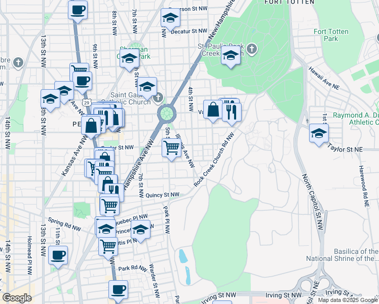map of restaurants, bars, coffee shops, grocery stores, and more near 4011 Illinois Avenue Northwest in Washington