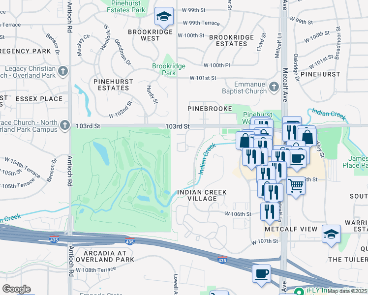 map of restaurants, bars, coffee shops, grocery stores, and more near 10370 Conser Street in Overland Park