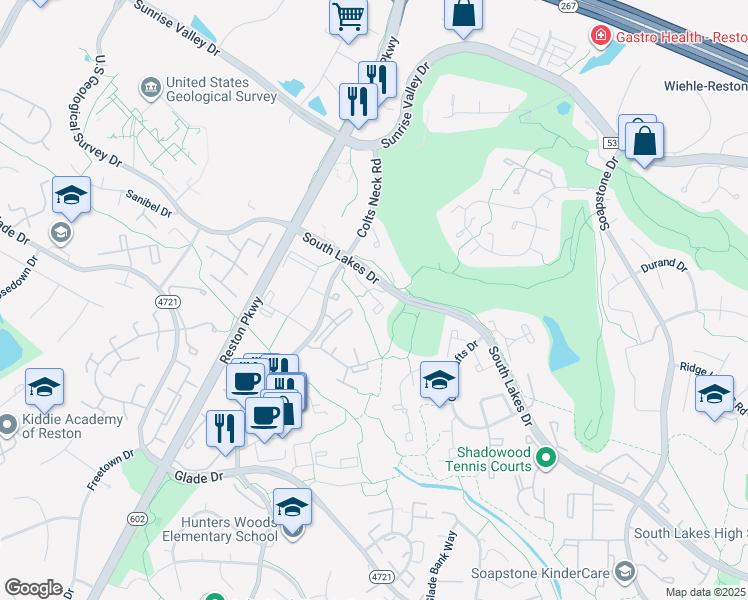 map of restaurants, bars, coffee shops, grocery stores, and more near 11935 Escalante Court in Reston