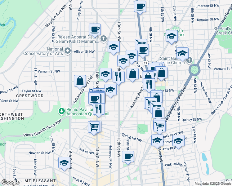map of restaurants, bars, coffee shops, grocery stores, and more near 1300 Taylor Street Northwest in Washington