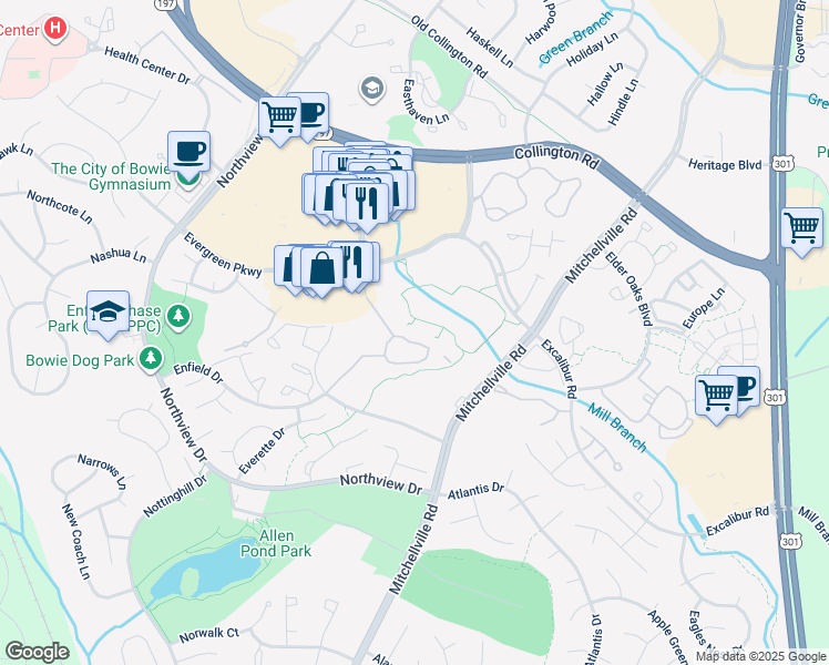 map of restaurants, bars, coffee shops, grocery stores, and more near 15614 Everglade Lane in Bowie