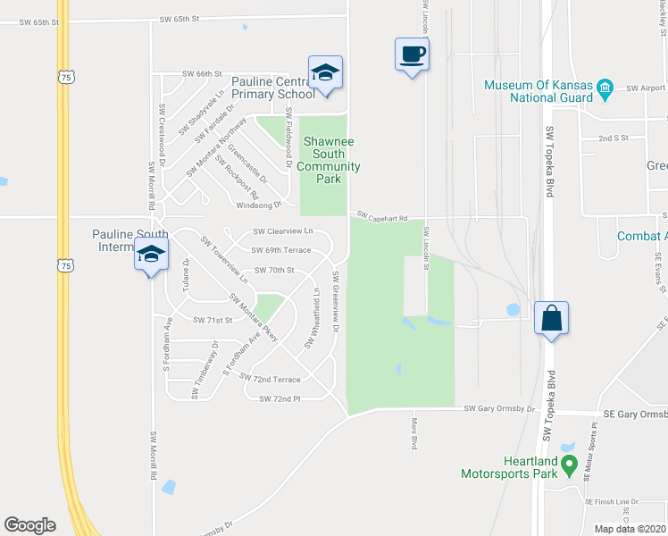 map of restaurants, bars, coffee shops, grocery stores, and more near 7003 Southwest Greenview Drive in Topeka