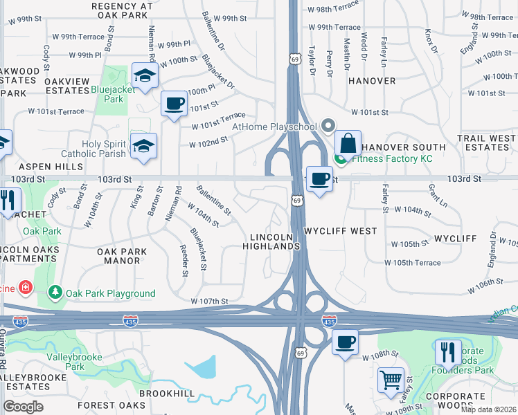 map of restaurants, bars, coffee shops, grocery stores, and more near 10334 Goddard in Overland Park