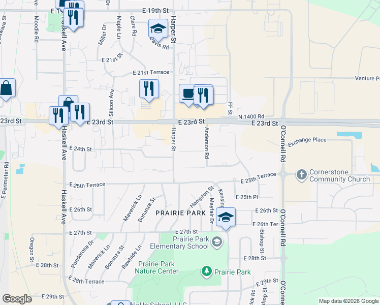 map of restaurants, bars, coffee shops, grocery stores, and more near 1714 E 24th Terrace in Lawrence