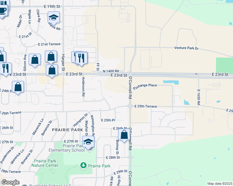 map of restaurants, bars, coffee shops, grocery stores, and more near 2101 Exchange Court in Lawrence