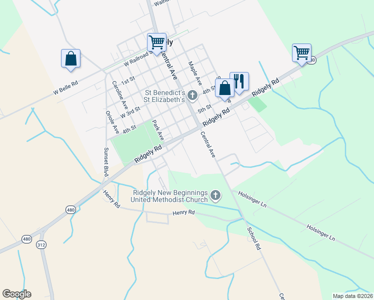 map of restaurants, bars, coffee shops, grocery stores, and more near 12094 Lincoln Street in Ridgely