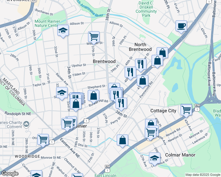 map of restaurants, bars, coffee shops, grocery stores, and more near 4013 38th Street in Brentwood