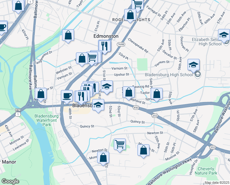 map of restaurants, bars, coffee shops, grocery stores, and more near 4104 53rd Avenue in Bladensburg