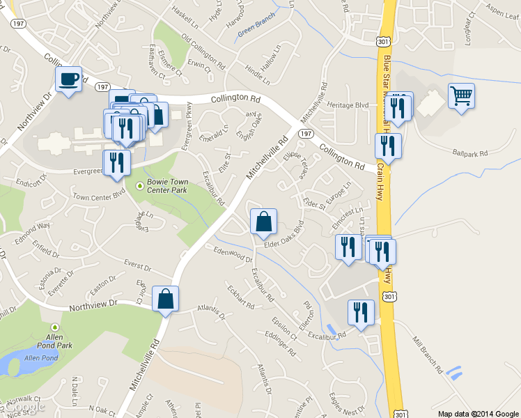 map of restaurants, bars, coffee shops, grocery stores, and more near 16010 Excalibur Road in Bowie